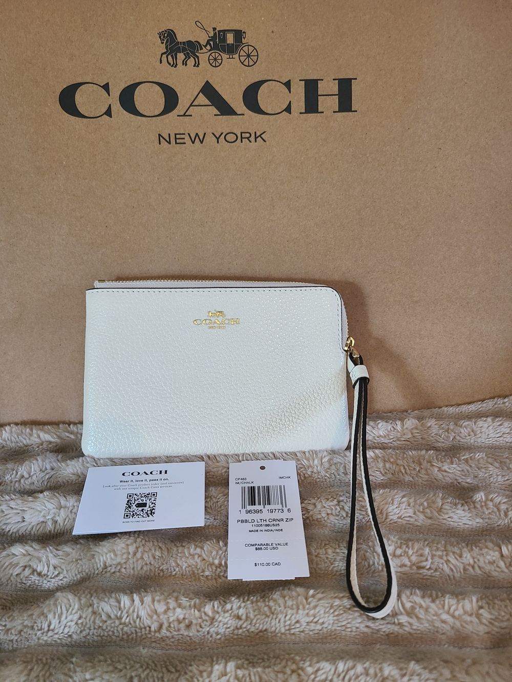 Coach White Pebbled Leather Zip Wristlet with Gold Logo